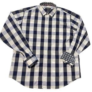 Bugatchi Men's Button-Up Contrast Collar Cuff Long Sleeve Shirt Navy Plaid L